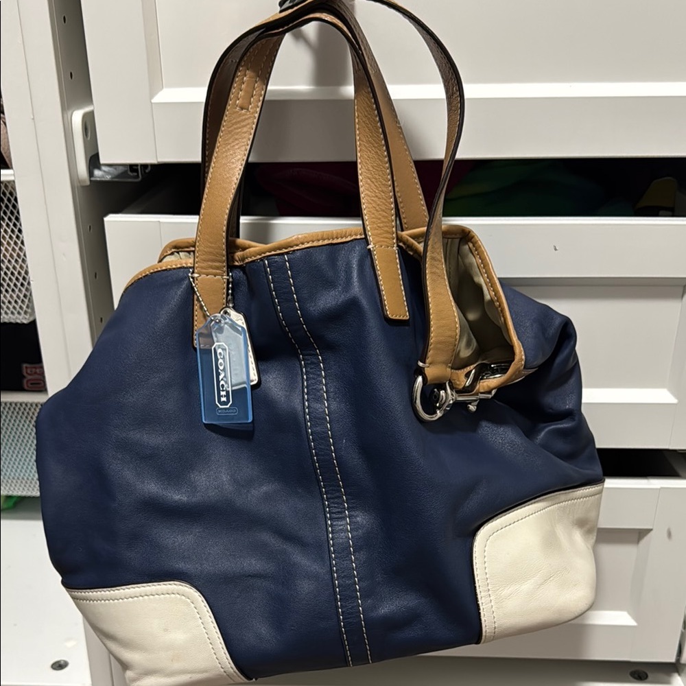 Coach Navy and White Leather Tote